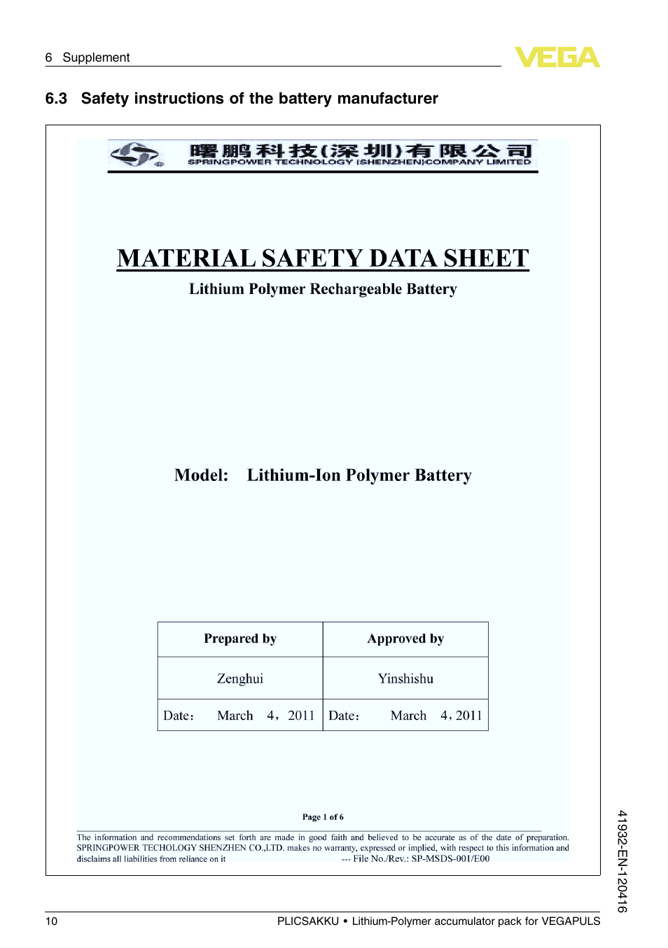 3 safety instructions of the battery manufacturer | VEGA PLICSAKKU for VEGAPULS Safety instructions User Manual | Page 10 / 20