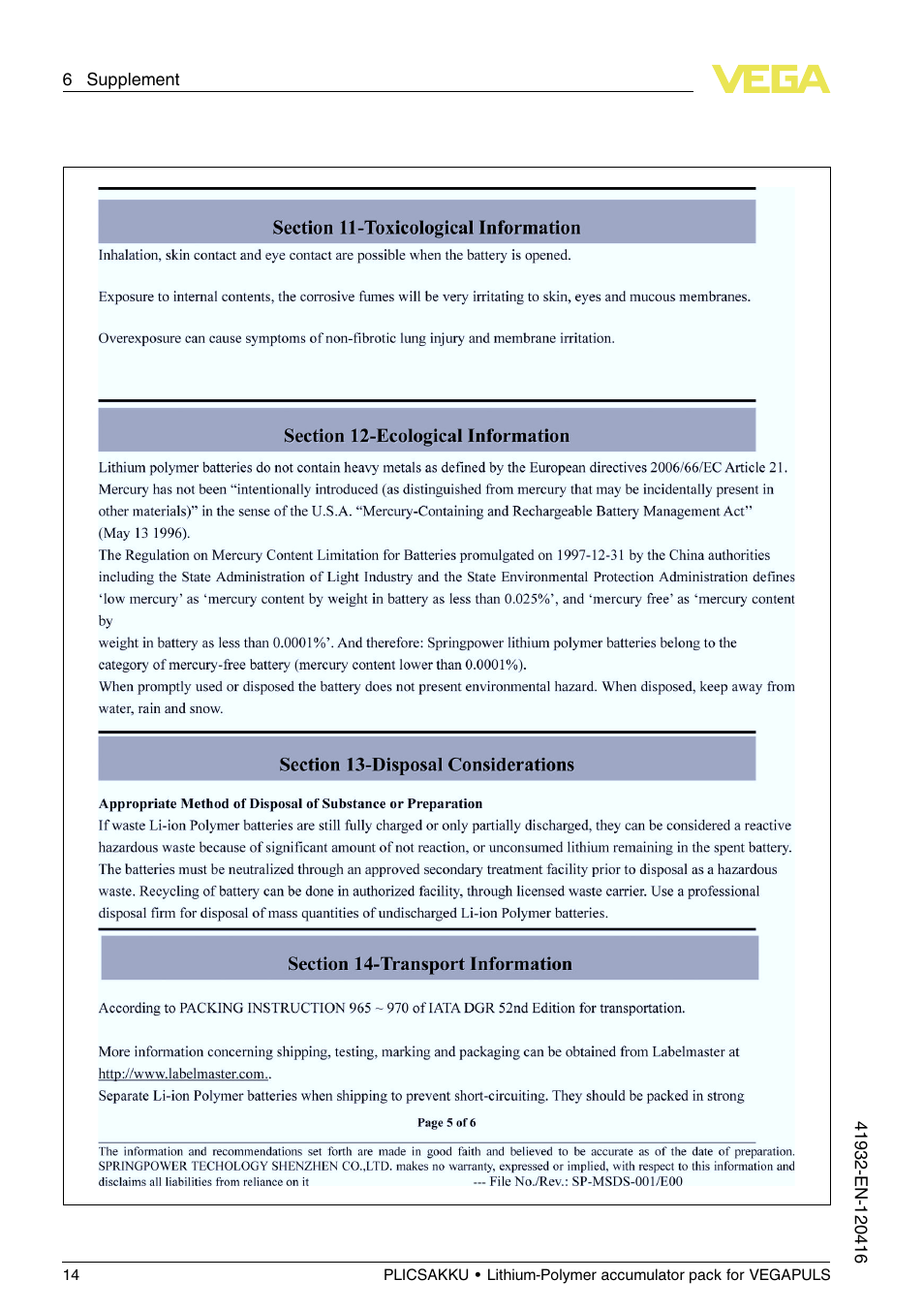 VEGA PLICSAKKU for VEGAPULS Safety instructions User Manual | Page 14 / 20