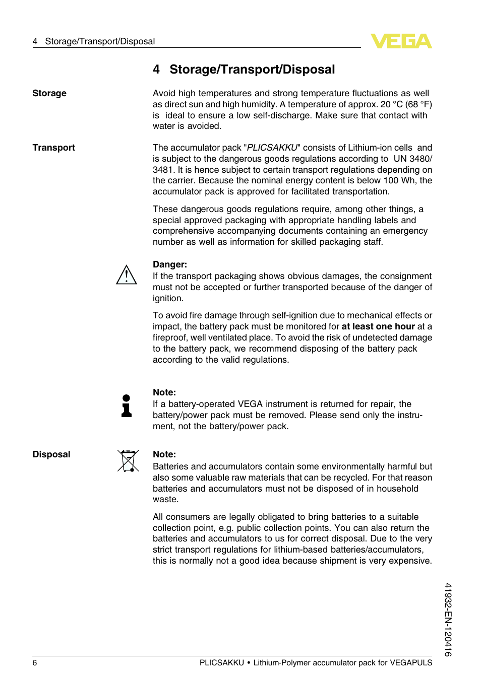 4 storage/transport/disposal, 4storage/transport/disposal | VEGA PLICSAKKU for VEGAPULS Safety instructions User Manual | Page 6 / 20