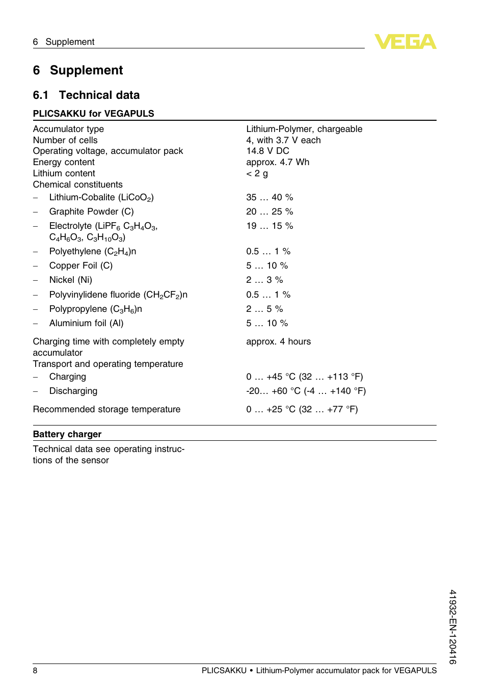 6 supplement, 1 technical data, 6supplement | VEGA PLICSAKKU for VEGAPULS Safety instructions User Manual | Page 8 / 20