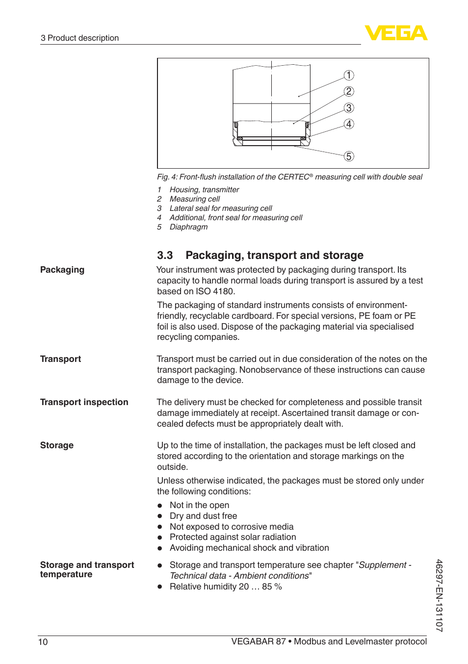 3 packaging, transport and storage | VEGA VEGABAR 87 Modbus and Levelmaster protocol - Operating Instructions User Manual | Page 10 / 88
