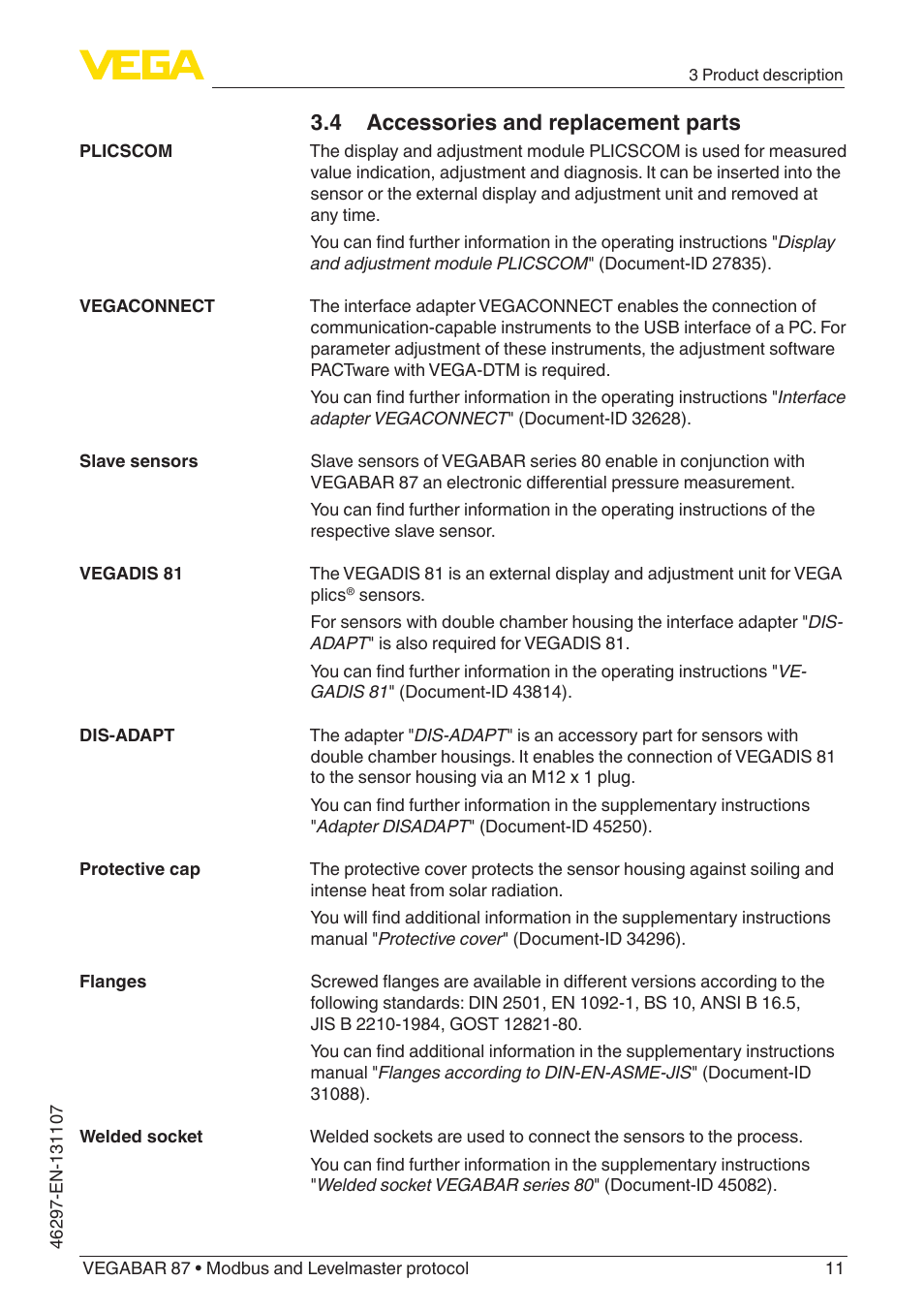 4 accessories and replacement parts | VEGA VEGABAR 87 Modbus and Levelmaster protocol - Operating Instructions User Manual | Page 11 / 88