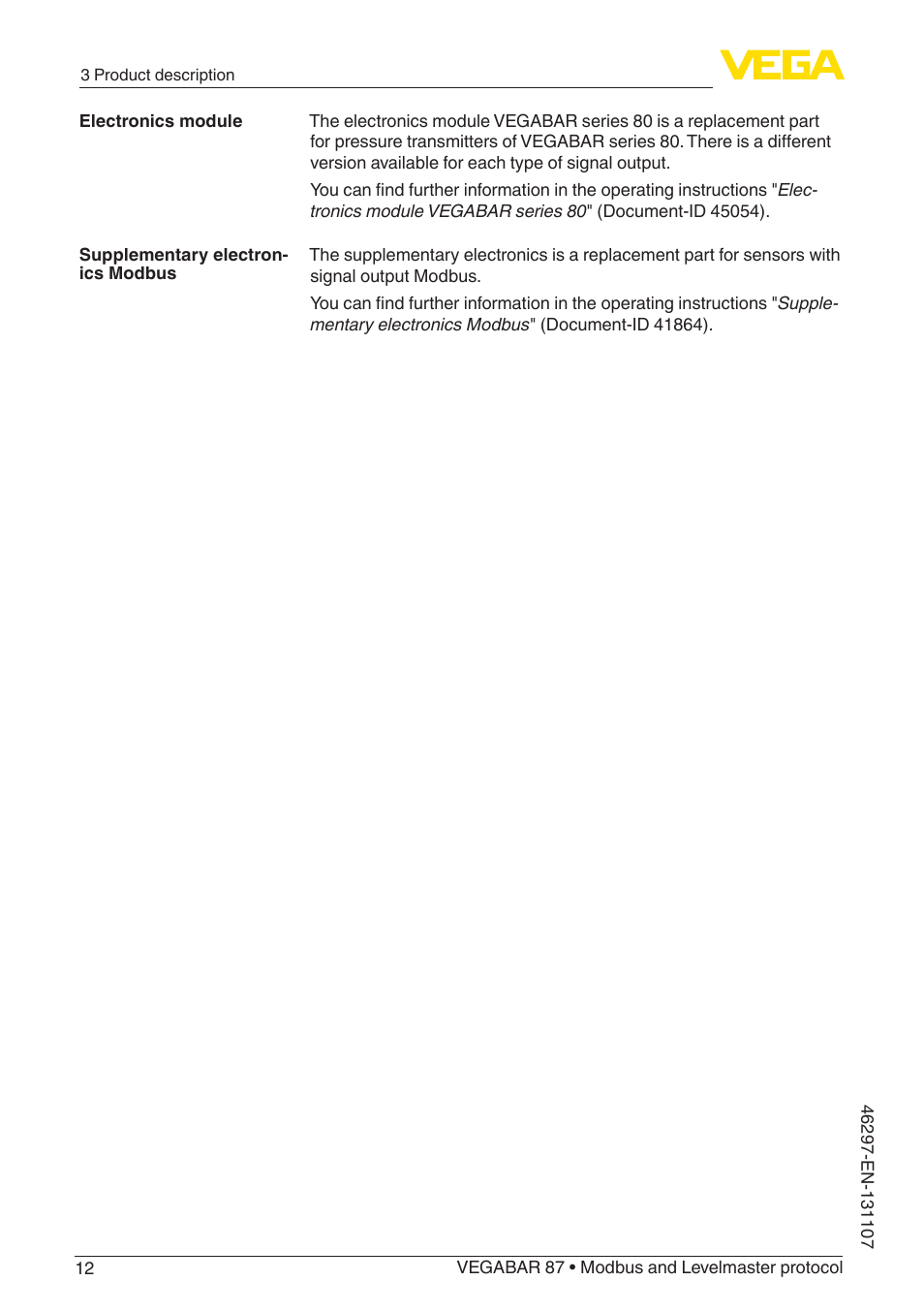 VEGA VEGABAR 87 Modbus and Levelmaster protocol - Operating Instructions User Manual | Page 12 / 88