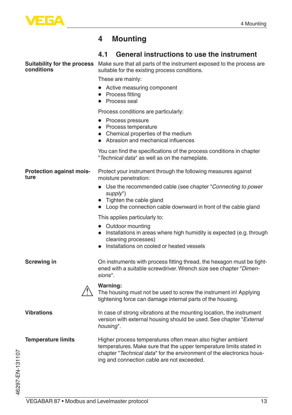 4 mounting, 1 general instructions to use the instrument | VEGA VEGABAR 87 Modbus and Levelmaster protocol - Operating Instructions User Manual | Page 13 / 88
