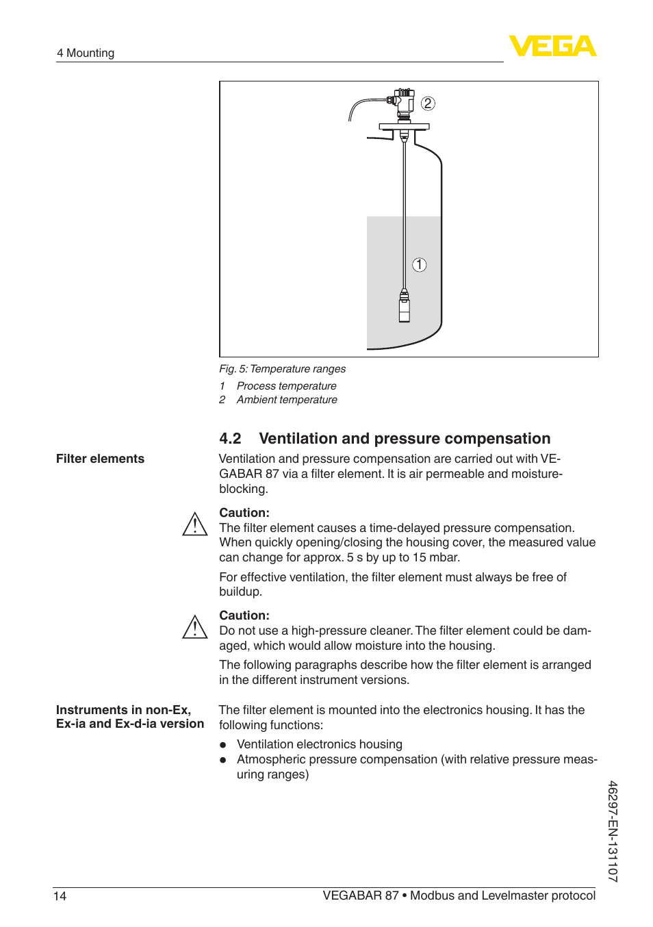 2 ventilation and pressure compensation | VEGA VEGABAR 87 Modbus and Levelmaster protocol - Operating Instructions User Manual | Page 14 / 88