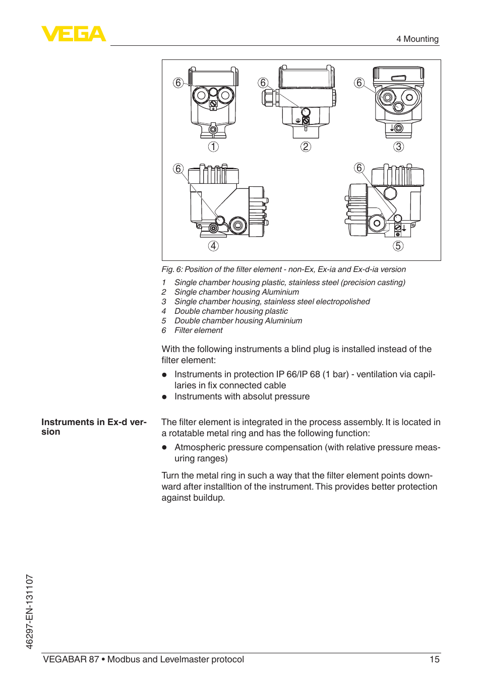 VEGA VEGABAR 87 Modbus and Levelmaster protocol - Operating Instructions User Manual | Page 15 / 88