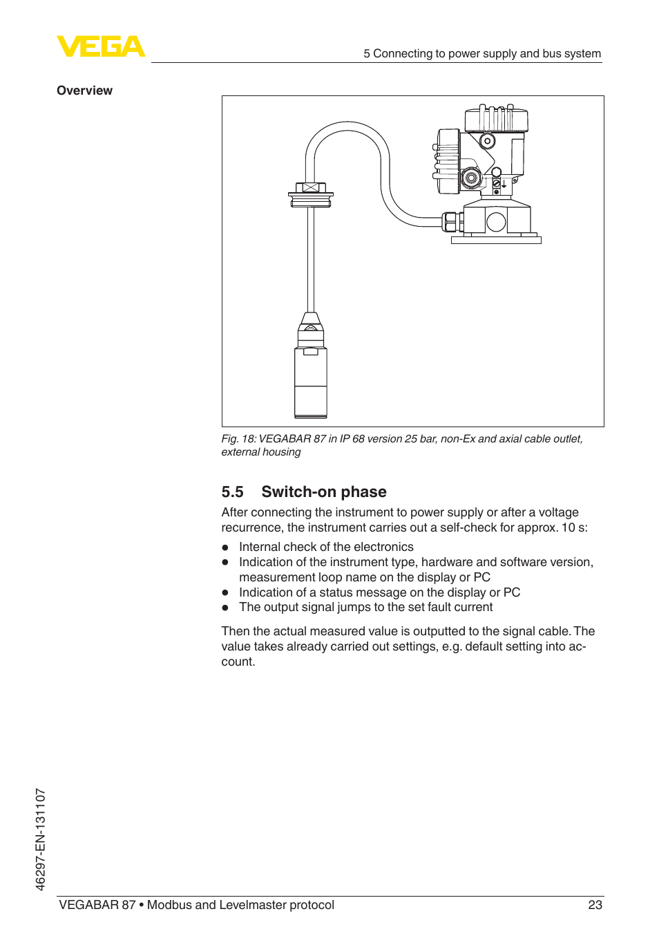 5 switch-on phase | VEGA VEGABAR 87 Modbus and Levelmaster protocol - Operating Instructions User Manual | Page 23 / 88
