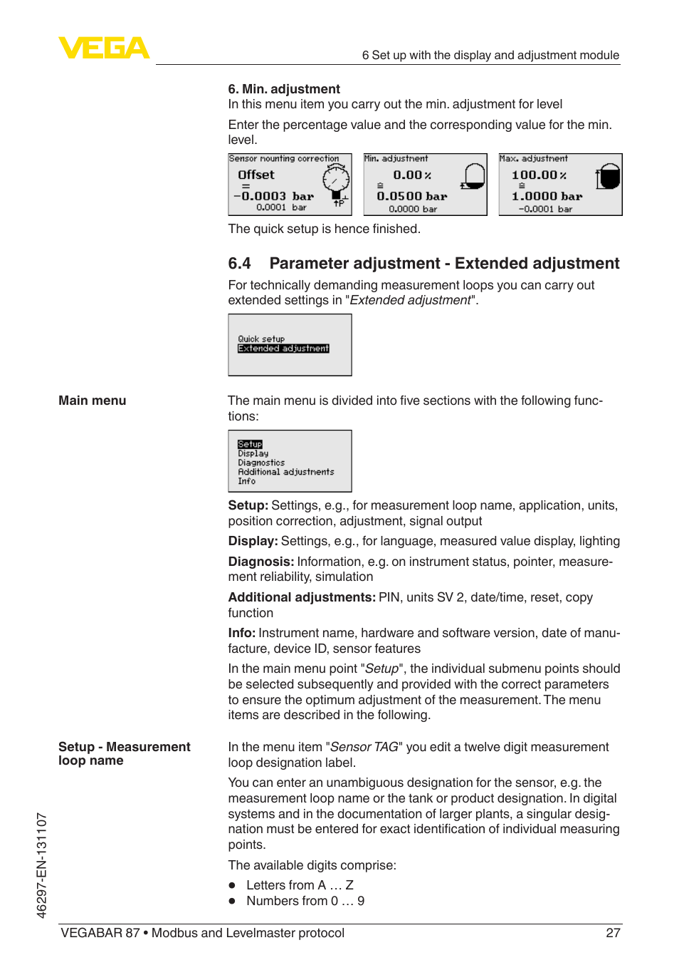4 parameter adjustment - extended adjustment | VEGA VEGABAR 87 Modbus and Levelmaster protocol - Operating Instructions User Manual | Page 27 / 88