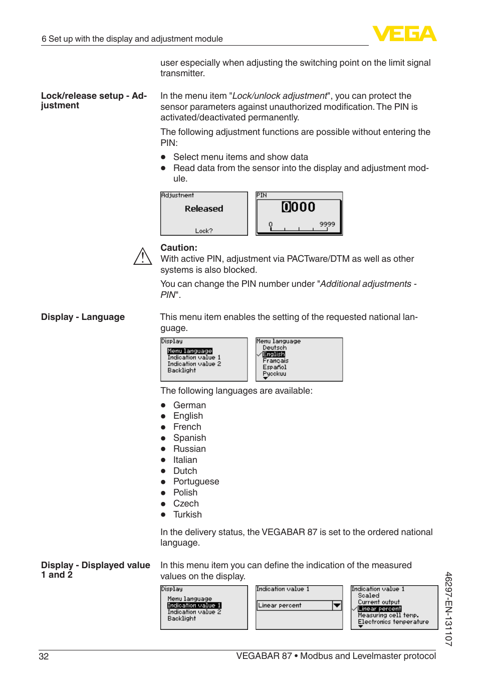 VEGA VEGABAR 87 Modbus and Levelmaster protocol - Operating Instructions User Manual | Page 32 / 88