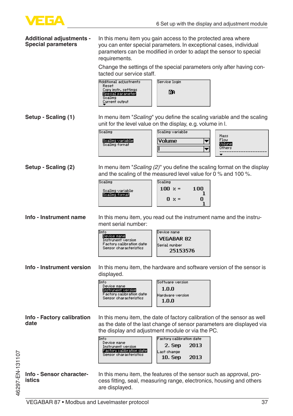 VEGA VEGABAR 87 Modbus and Levelmaster protocol - Operating Instructions User Manual | Page 37 / 88