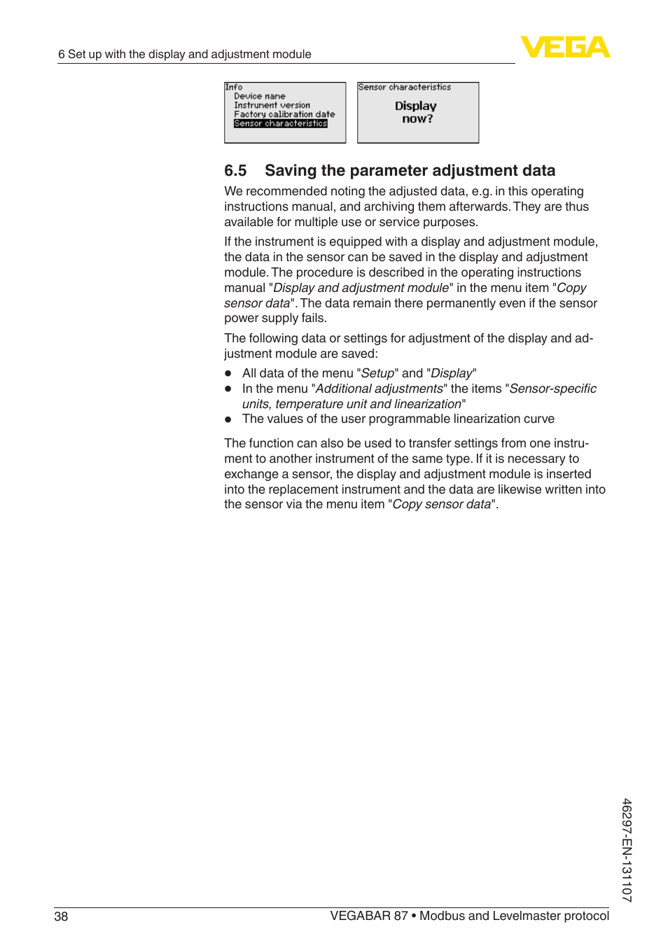 5 saving the parameter adjustment data | VEGA VEGABAR 87 Modbus and Levelmaster protocol - Operating Instructions User Manual | Page 38 / 88