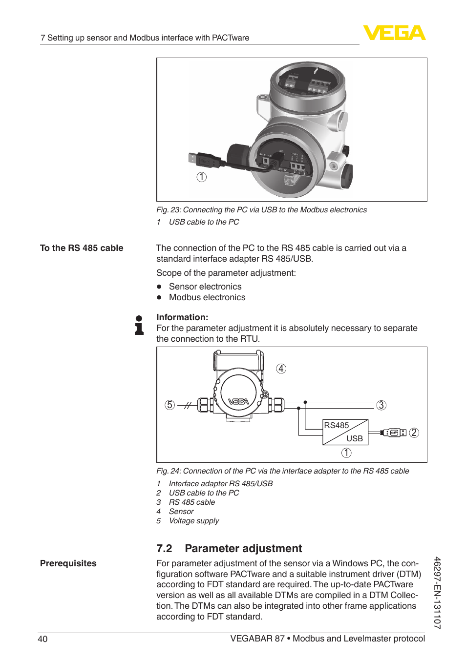 2 parameter adjustment | VEGA VEGABAR 87 Modbus and Levelmaster protocol - Operating Instructions User Manual | Page 40 / 88