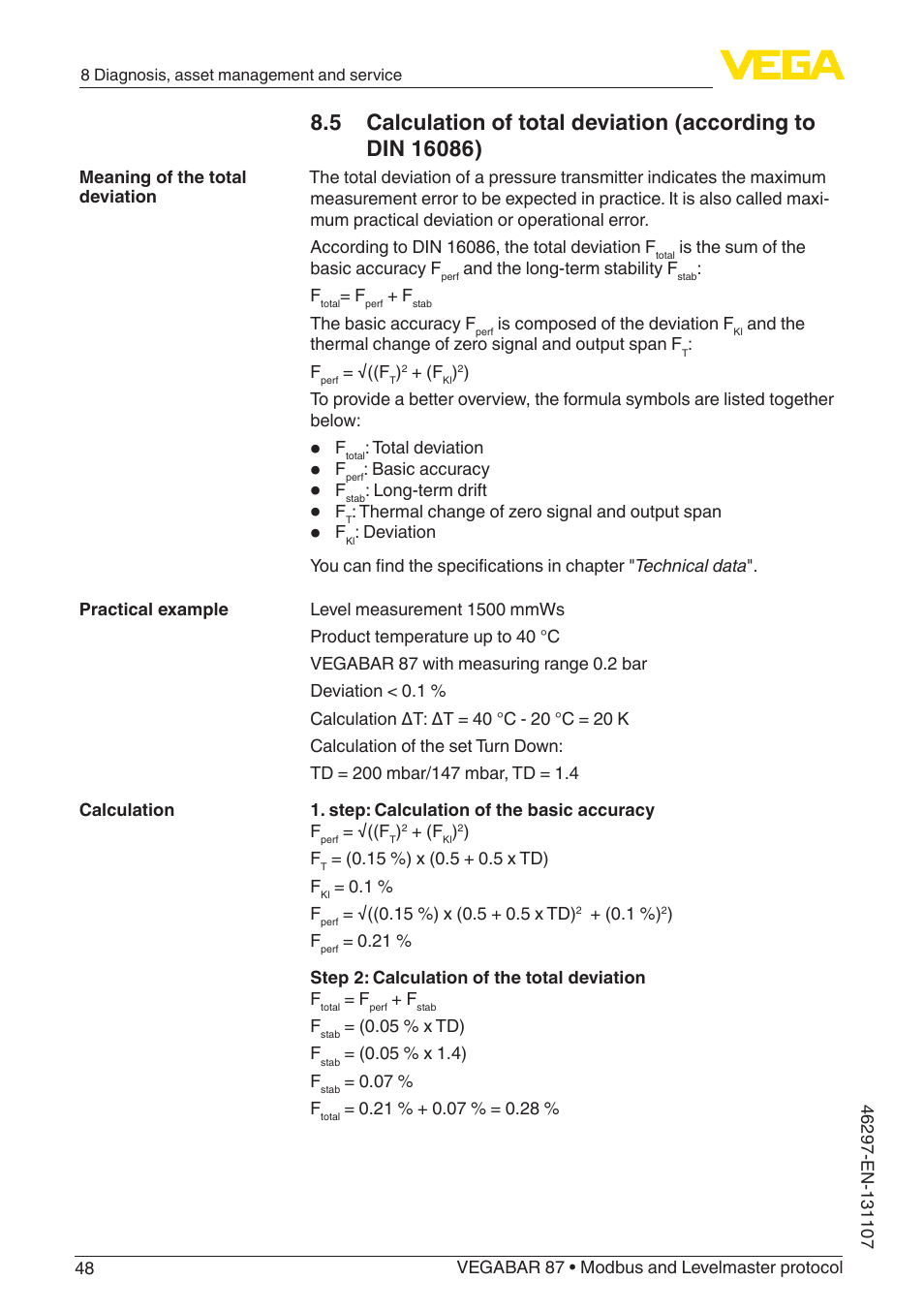 VEGA VEGABAR 87 Modbus and Levelmaster protocol - Operating Instructions User Manual | Page 48 / 88