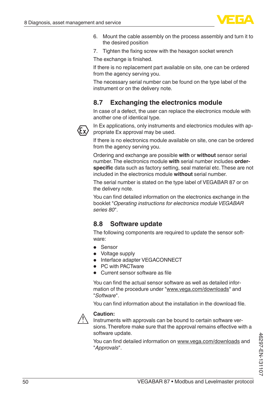 7 exchanging the electronics module, 8 software update | VEGA VEGABAR 87 Modbus and Levelmaster protocol - Operating Instructions User Manual | Page 50 / 88