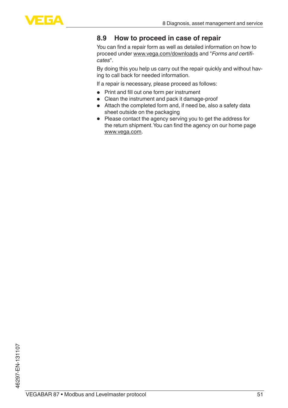 9 how to proceed in case of repair | VEGA VEGABAR 87 Modbus and Levelmaster protocol - Operating Instructions User Manual | Page 51 / 88