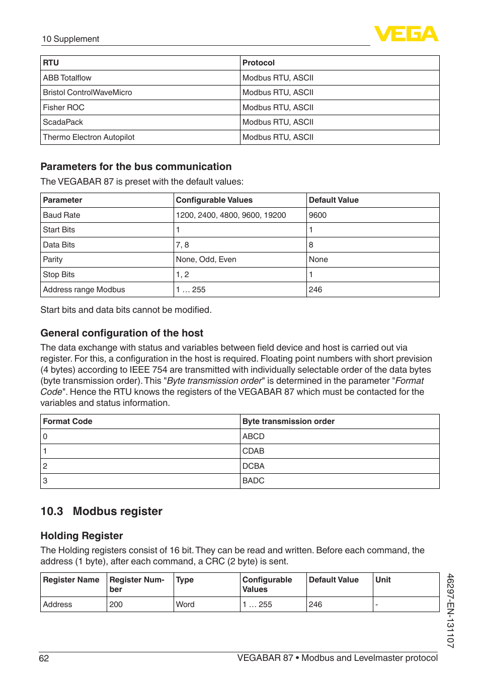 3 modbus register, Parameters for the bus communication, General configuration of the host | Holding register | VEGA VEGABAR 87 Modbus and Levelmaster protocol - Operating Instructions User Manual | Page 62 / 88