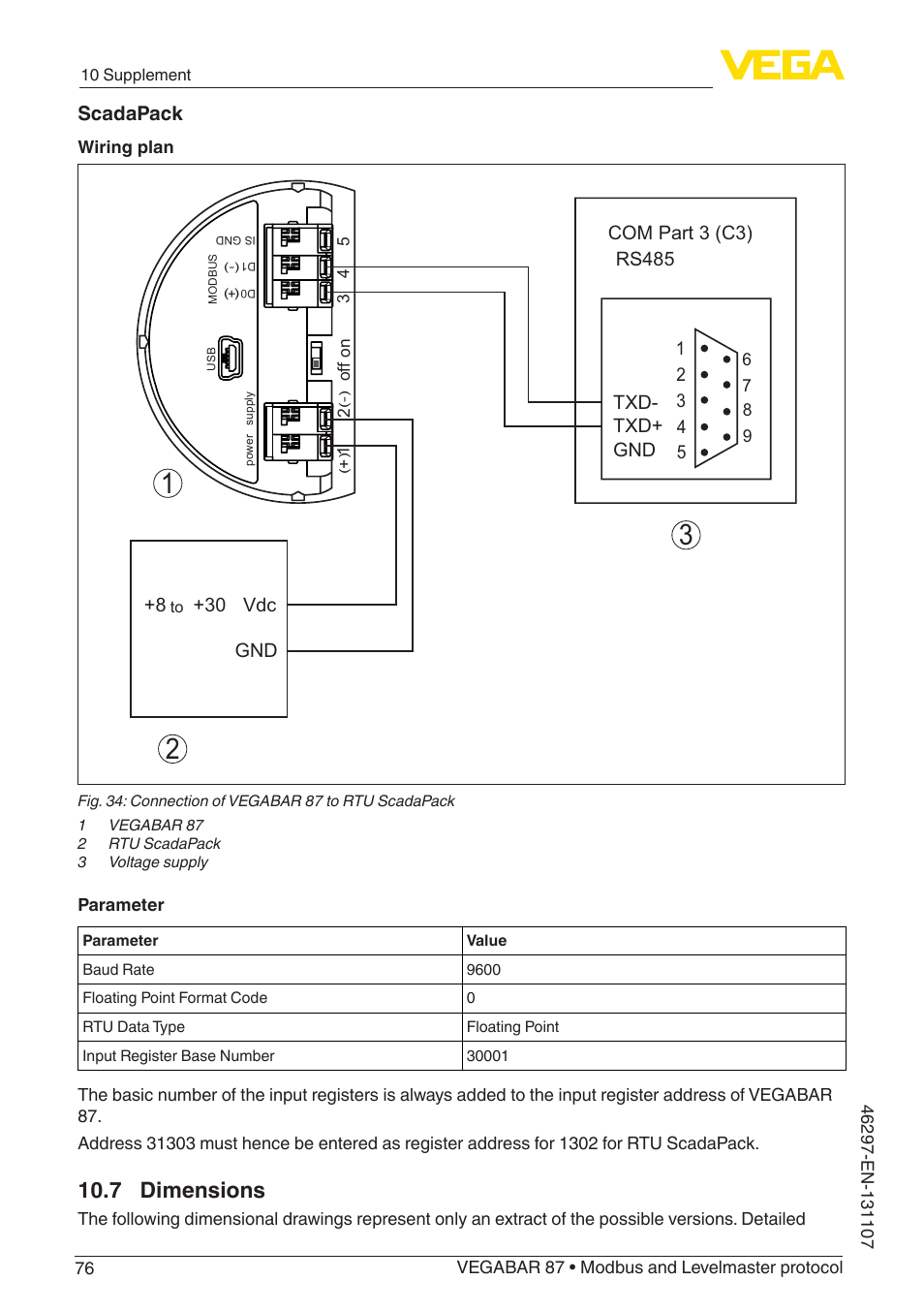 7 dimensions, Scadapack | VEGA VEGABAR 87 Modbus and Levelmaster protocol - Operating Instructions User Manual | Page 76 / 88