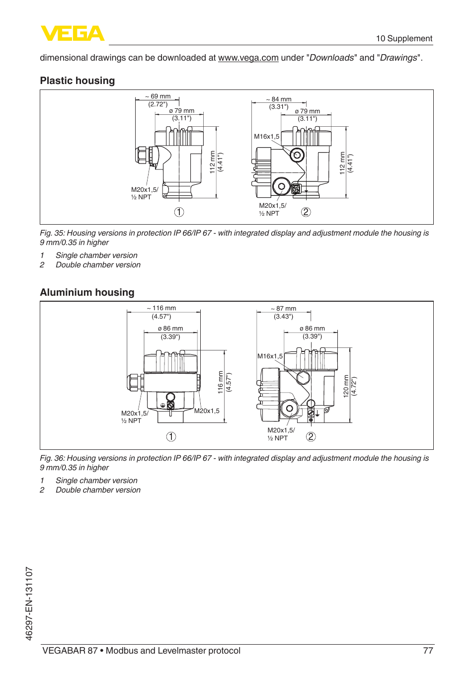 Plastic housing, Aluminium housing | VEGA VEGABAR 87 Modbus and Levelmaster protocol - Operating Instructions User Manual | Page 77 / 88