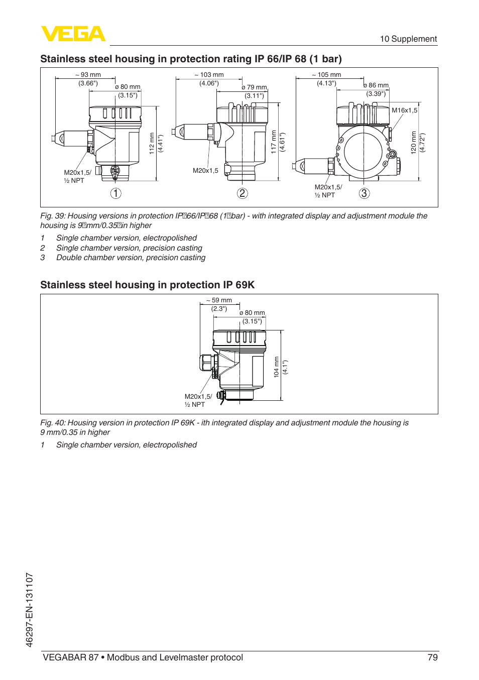 Stainless steel housing in protection ip 69k | VEGA VEGABAR 87 Modbus and Levelmaster protocol - Operating Instructions User Manual | Page 79 / 88