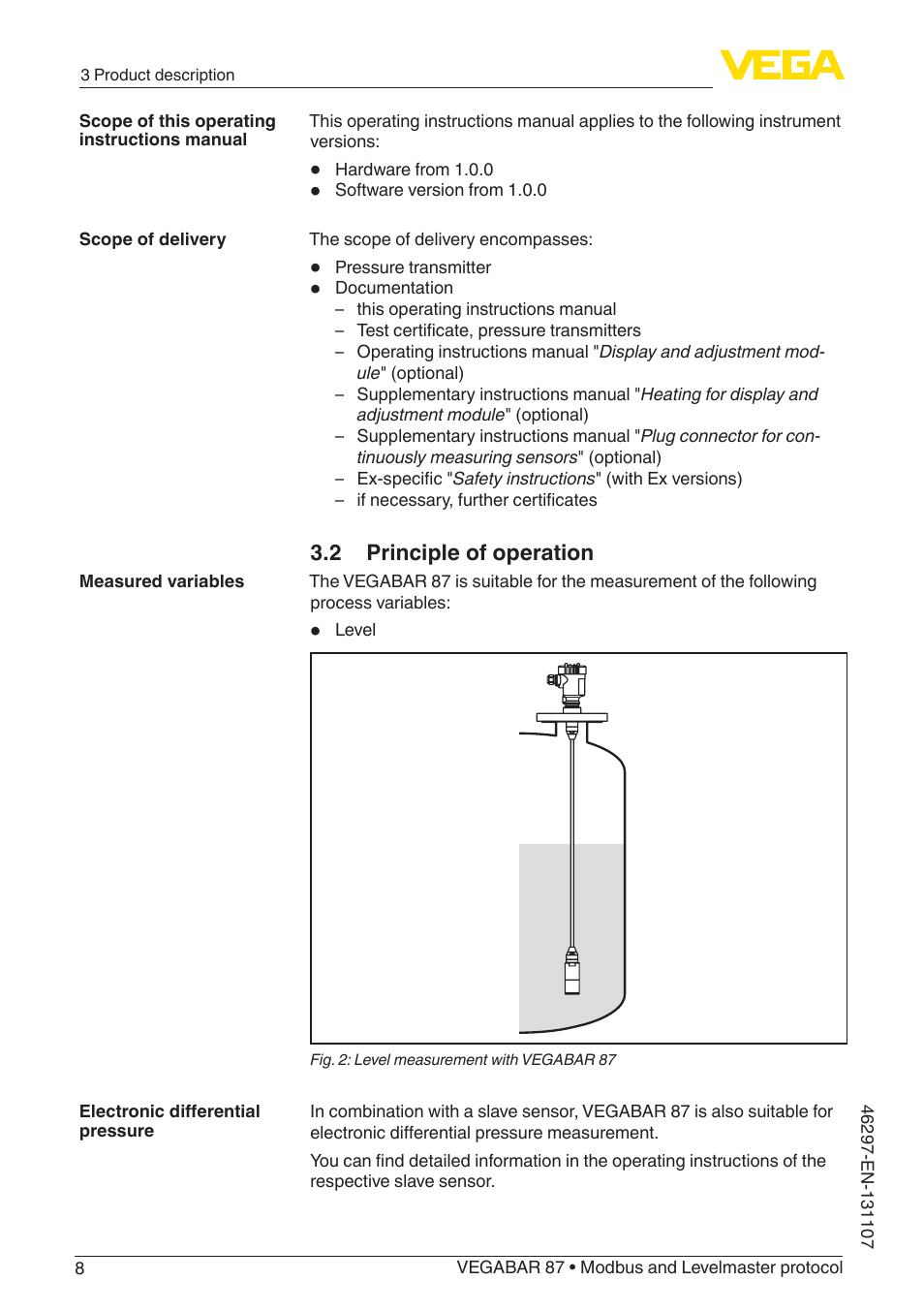 2 principle of operation | VEGA VEGABAR 87 Modbus and Levelmaster protocol - Operating Instructions User Manual | Page 8 / 88