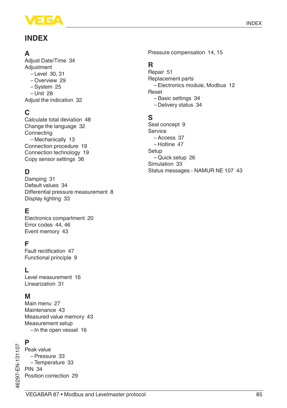 Index | VEGA VEGABAR 87 Modbus and Levelmaster protocol - Operating Instructions User Manual | Page 85 / 88