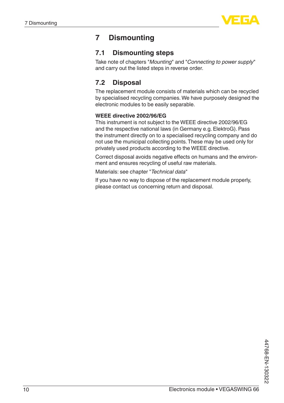 7 dismounting | VEGA VEGASWING 66 Electronics module User Manual | Page 10 / 12