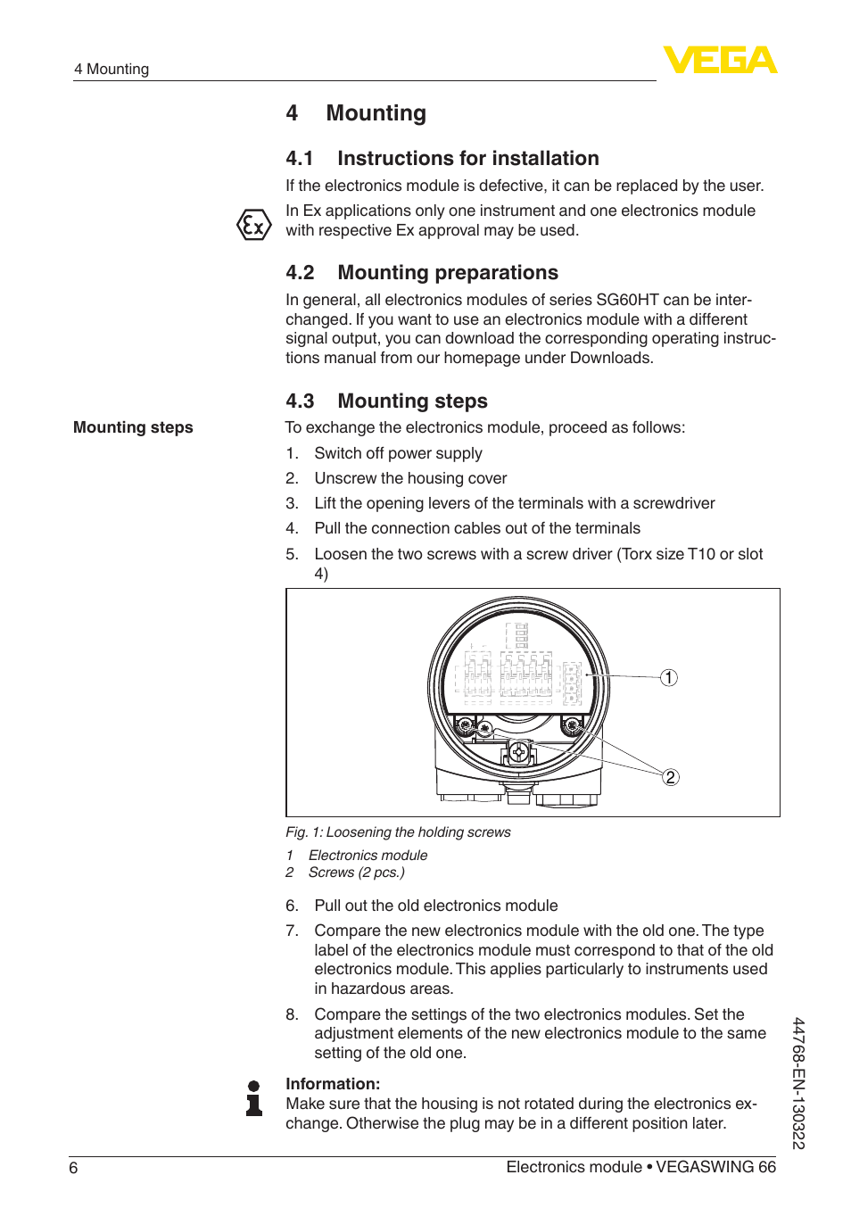 4 mounting, 1 instructions for installation, 2 mounting preparations | 3 mounting steps | VEGA VEGASWING 66 Electronics module User Manual | Page 6 / 12