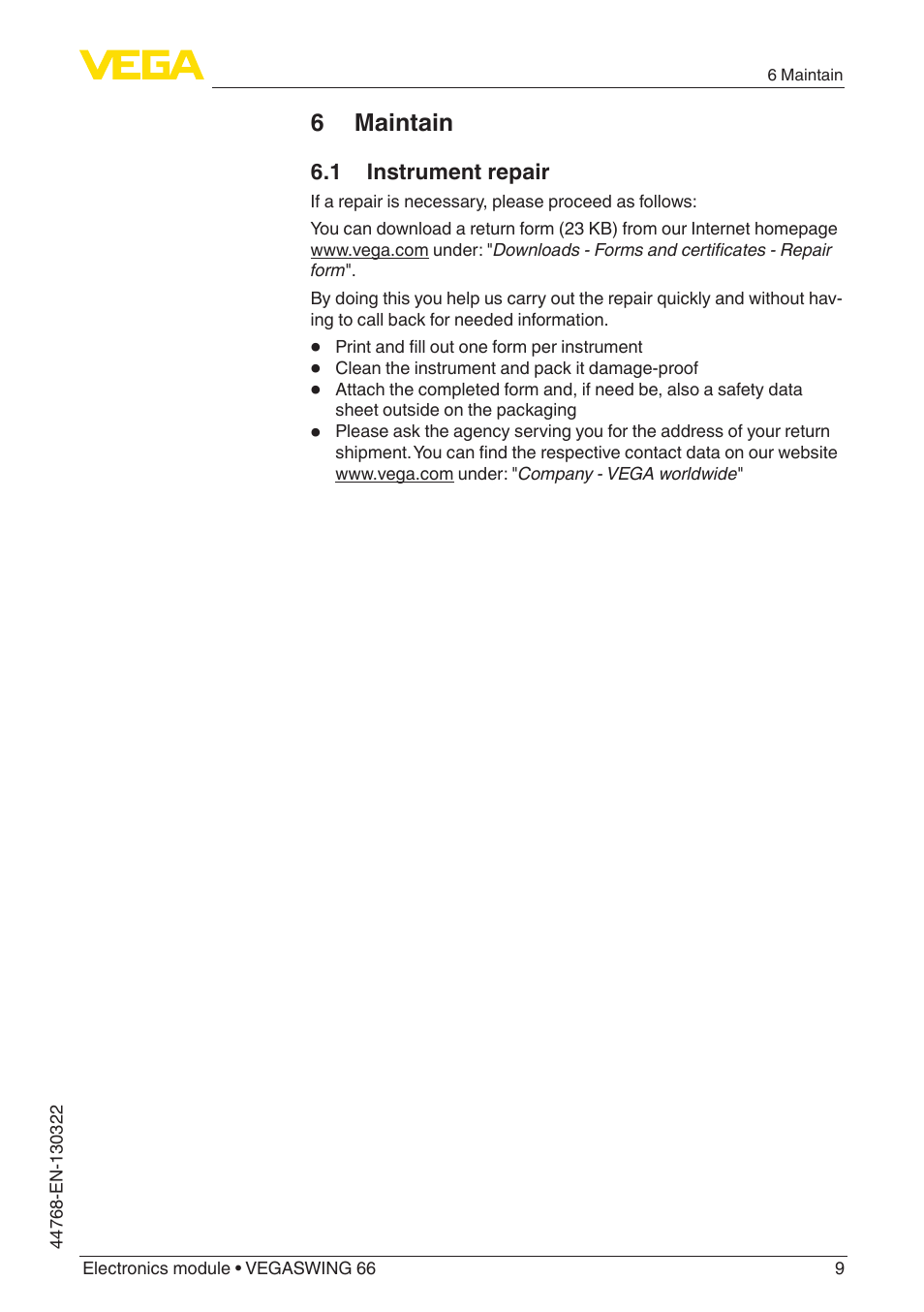 6 maintain | VEGA VEGASWING 66 Electronics module User Manual | Page 9 / 12