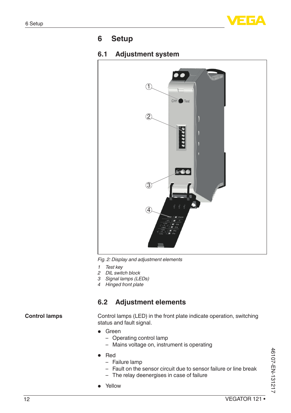 6 setup, 1 adjustment system, 2 adjustment elements | VEGA VEGATOR 121 User Manual | Page 12 / 24