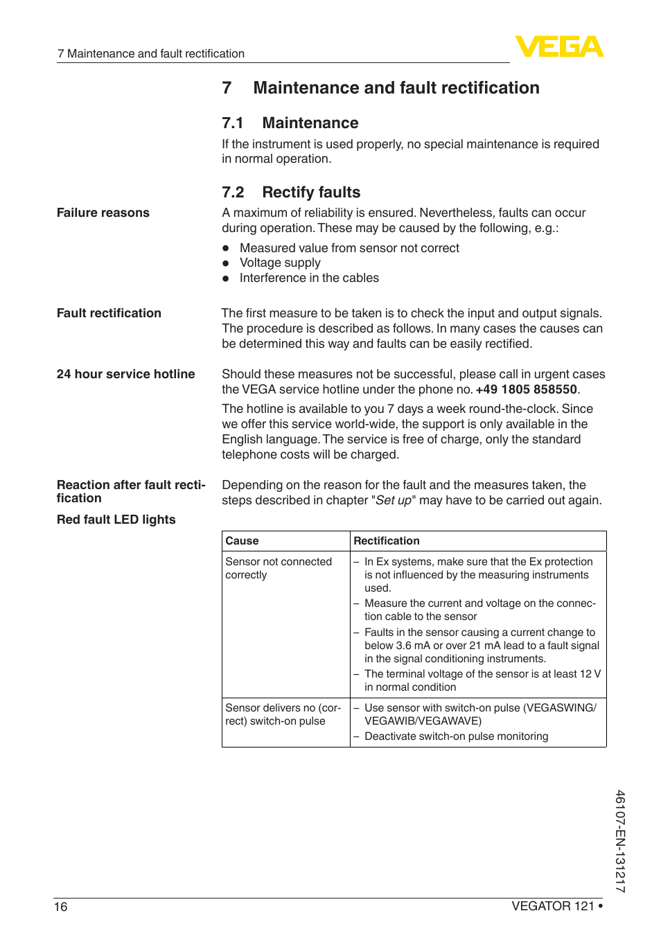 7 maintenance and fault rectification, 1 maintenance, 2 rectify faults | VEGA VEGATOR 121 User Manual | Page 16 / 24