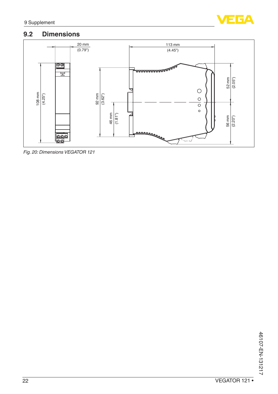 2 dimensions | VEGA VEGATOR 121 User Manual | Page 22 / 24