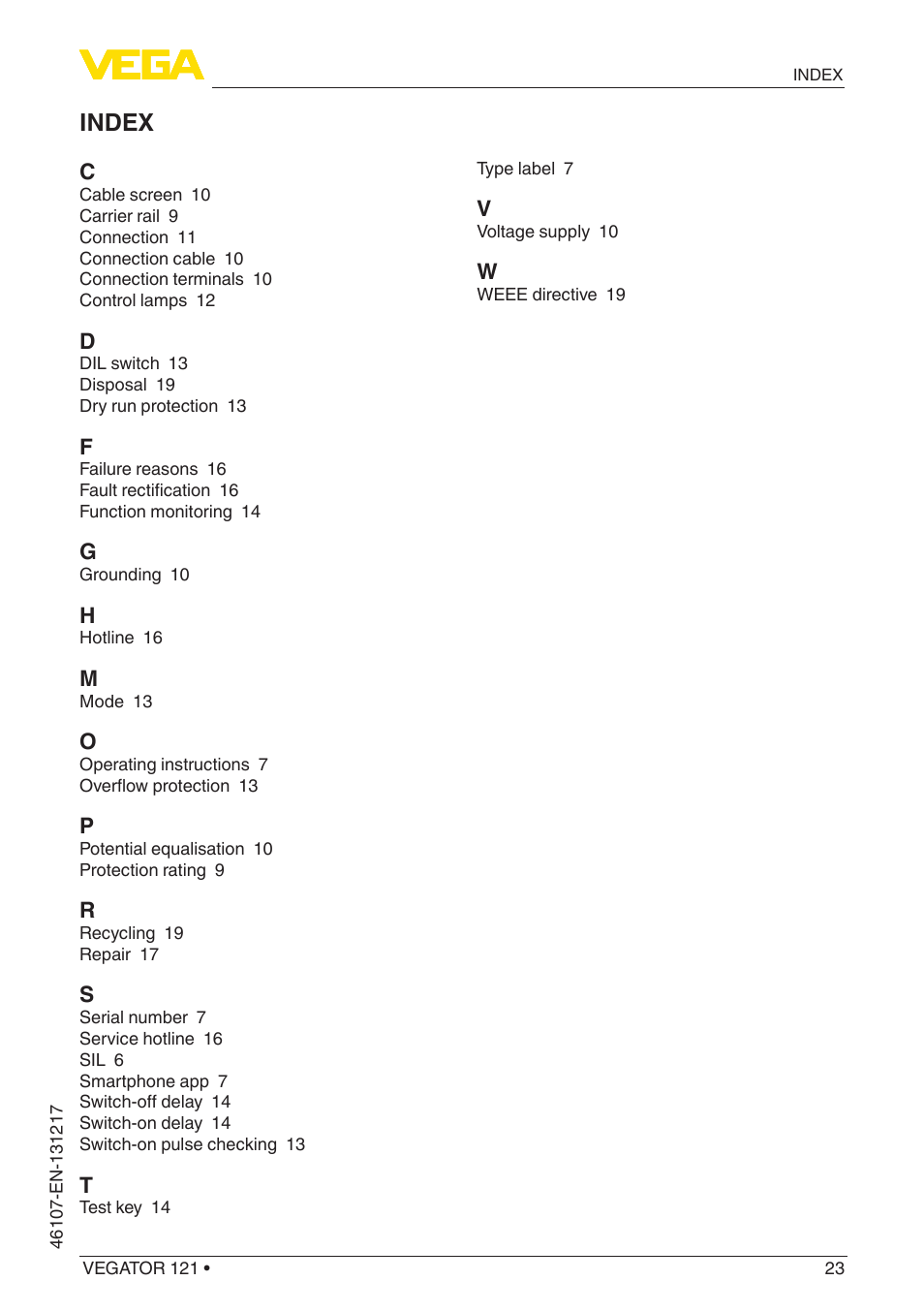 Index | VEGA VEGATOR 121 User Manual | Page 23 / 24