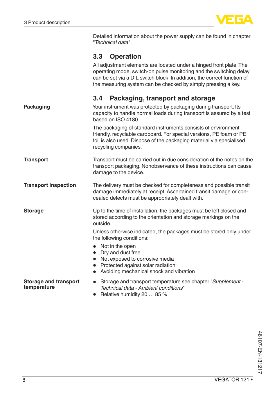 3 operation, 4 packaging, transport and storage | VEGA VEGATOR 121 User Manual | Page 8 / 24