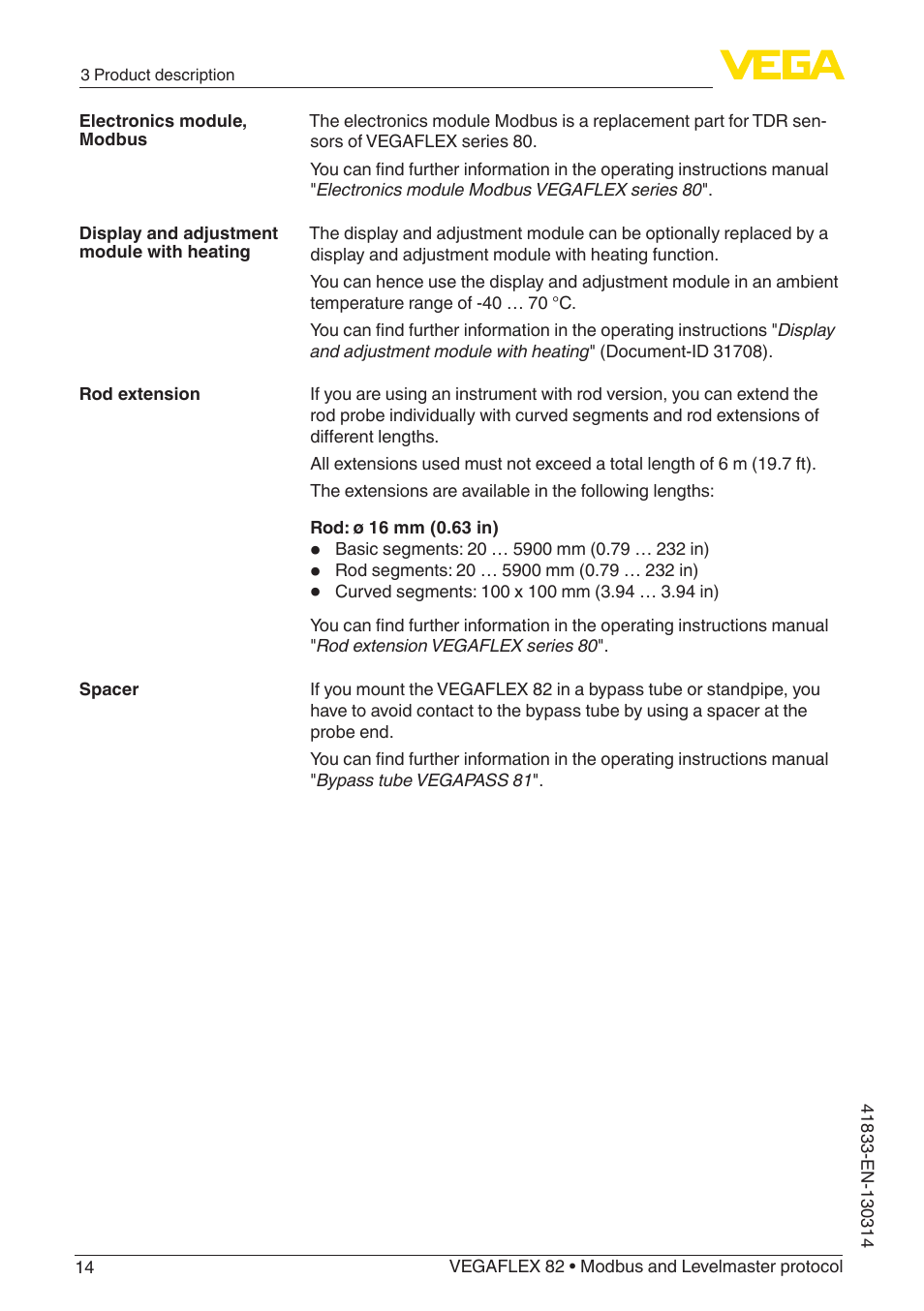 VEGA VEGAFLEX 82 Modbus and Levelmaster protocol User Manual | Page 14 / 100