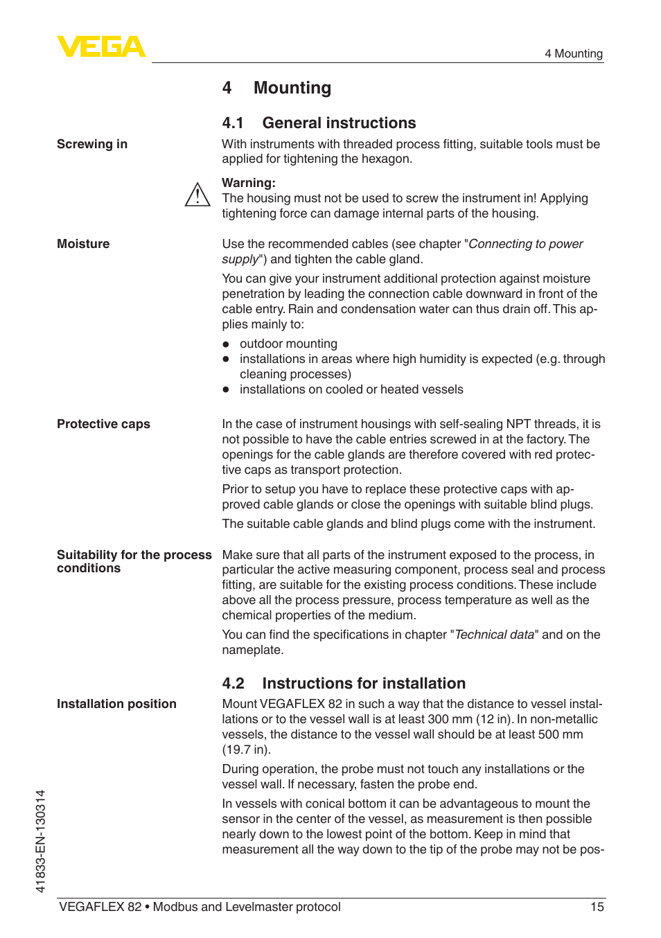 4 mounting | VEGA VEGAFLEX 82 Modbus and Levelmaster protocol User Manual | Page 15 / 100