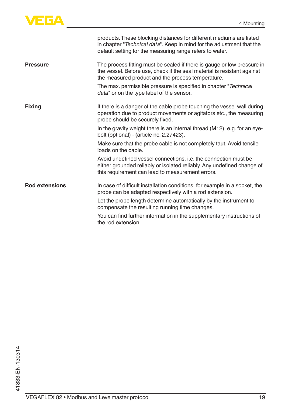VEGA VEGAFLEX 82 Modbus and Levelmaster protocol User Manual | Page 19 / 100