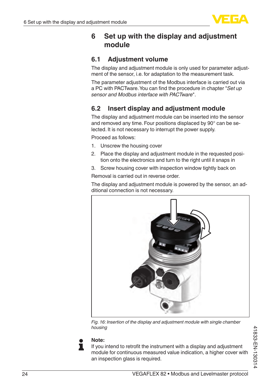 6 set up with the display and adjustment module, 1 adjustment volume, 2 insert display and adjustment module | VEGA VEGAFLEX 82 Modbus and Levelmaster protocol User Manual | Page 24 / 100