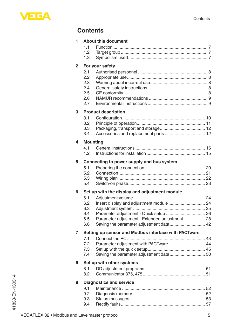 VEGA VEGAFLEX 82 Modbus and Levelmaster protocol User Manual | Page 5 / 100