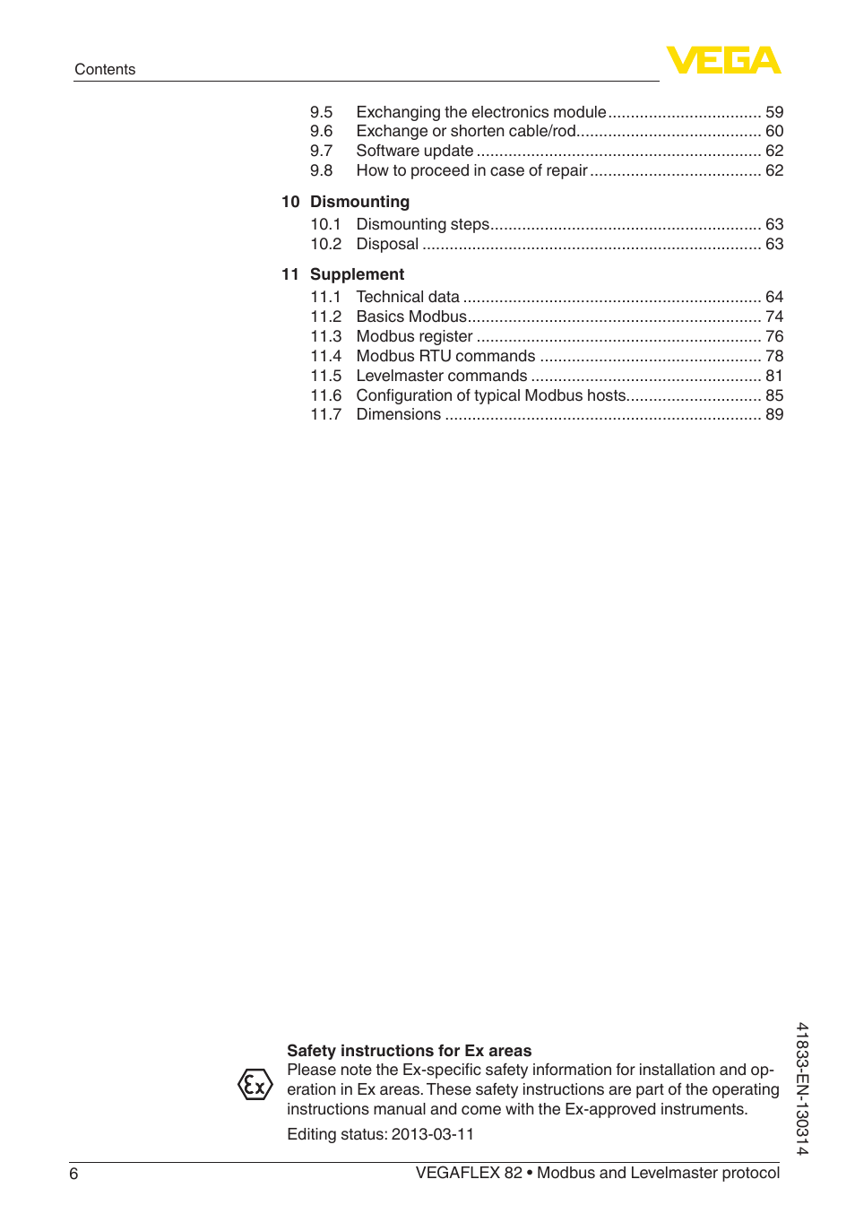VEGA VEGAFLEX 82 Modbus and Levelmaster protocol User Manual | Page 6 / 100