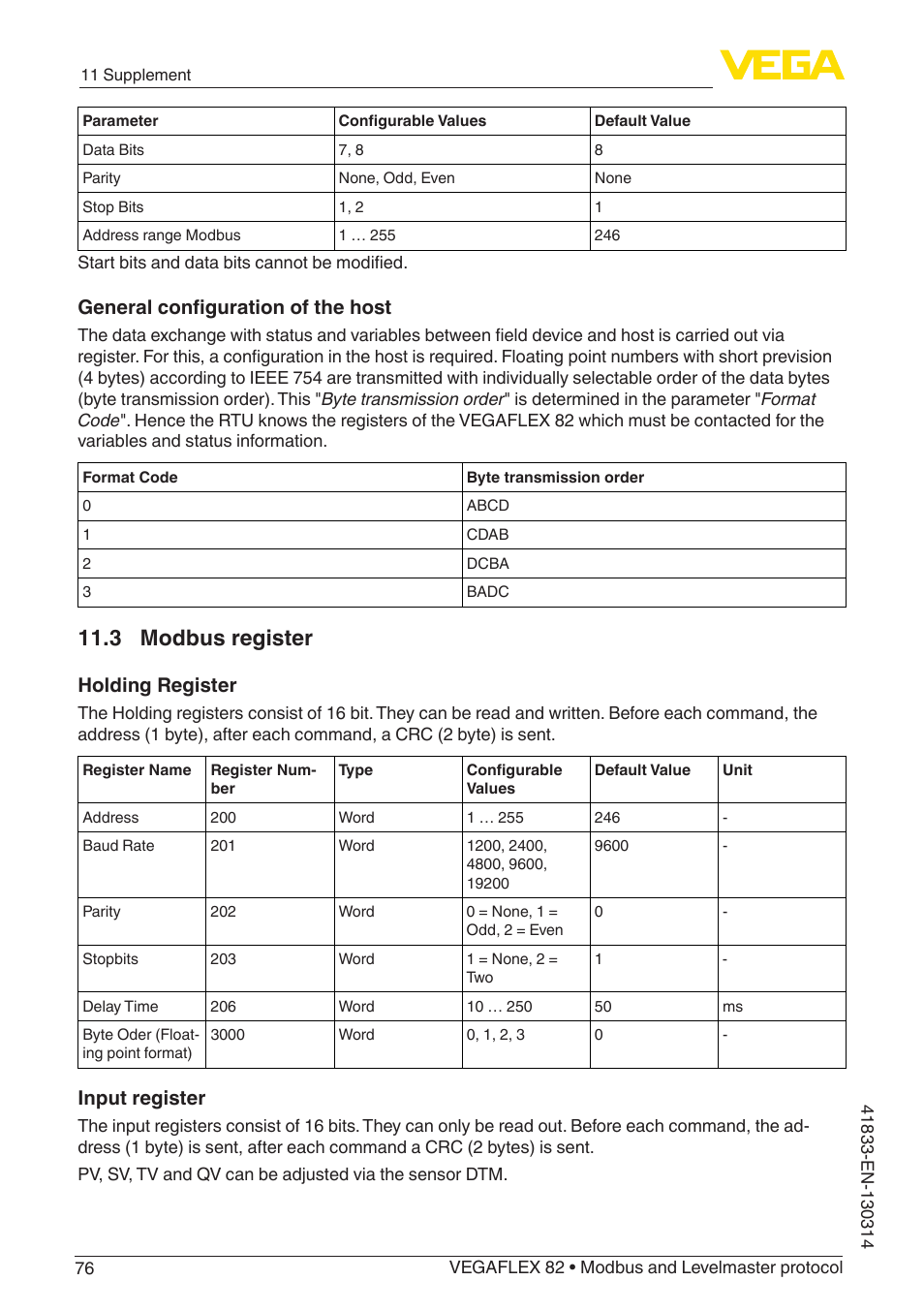 3 modbus register, General configuration of the host, Holding register | Input register | VEGA VEGAFLEX 82 Modbus and Levelmaster protocol User Manual | Page 76 / 100