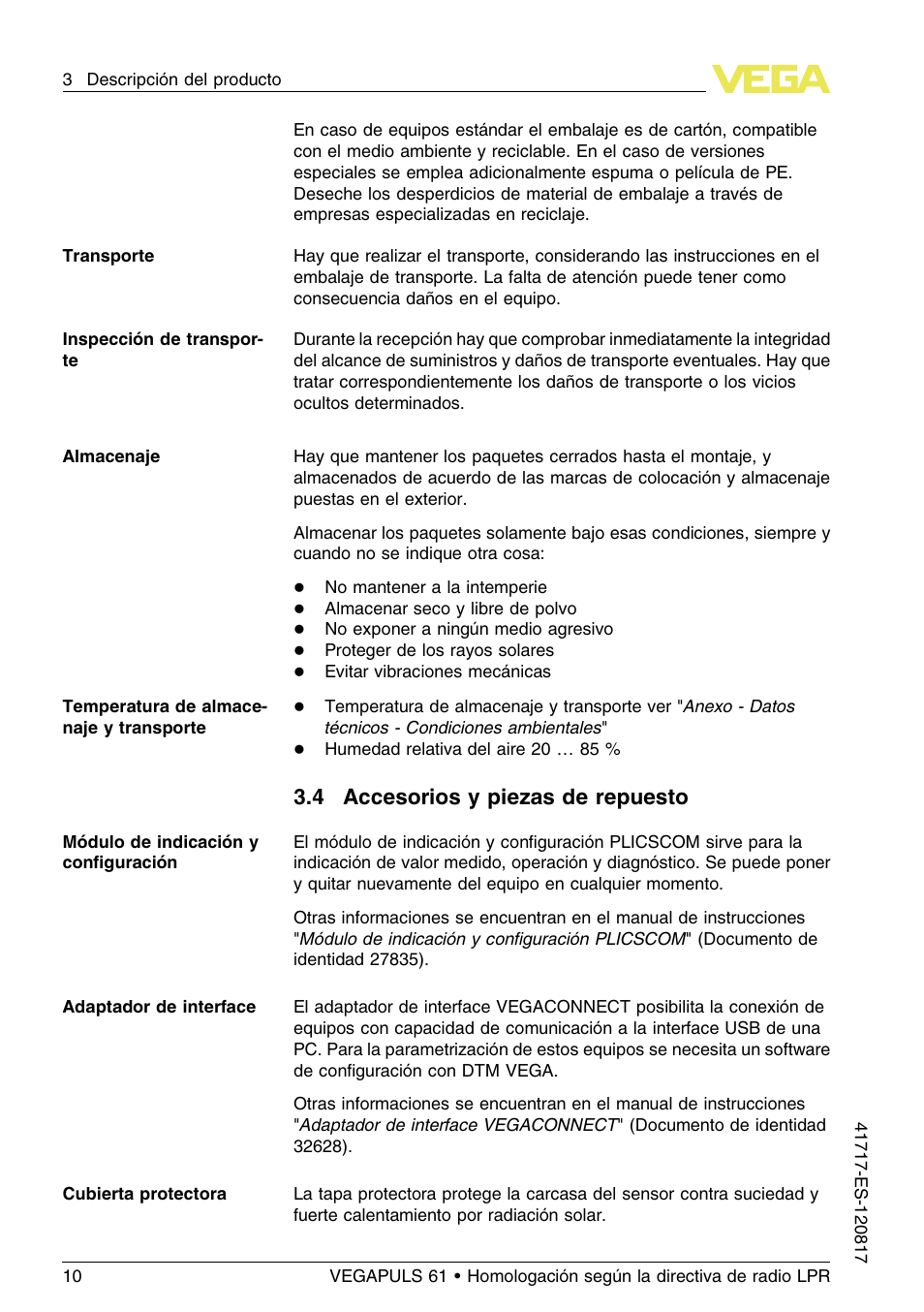 4 accesorios y piezas de repuesto, 4 a ccesorios y piezas de repuesto | VEGA VEGAPULS 61 (≥ 2.0.0 - ≥ 4.0.0) Modbus and Levelmaster protocol Approval according to LPR radio standard User Manual | Page 10 / 100