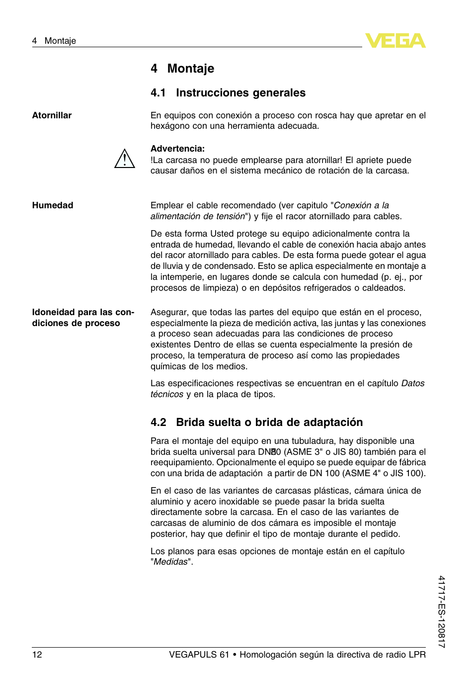 4 montaje, 1 instrucciones generales, 2 brida suelta o brida de adaptación | 4montaje | VEGA VEGAPULS 61 (≥ 2.0.0 - ≥ 4.0.0) Modbus and Levelmaster protocol Approval according to LPR radio standard User Manual | Page 12 / 100