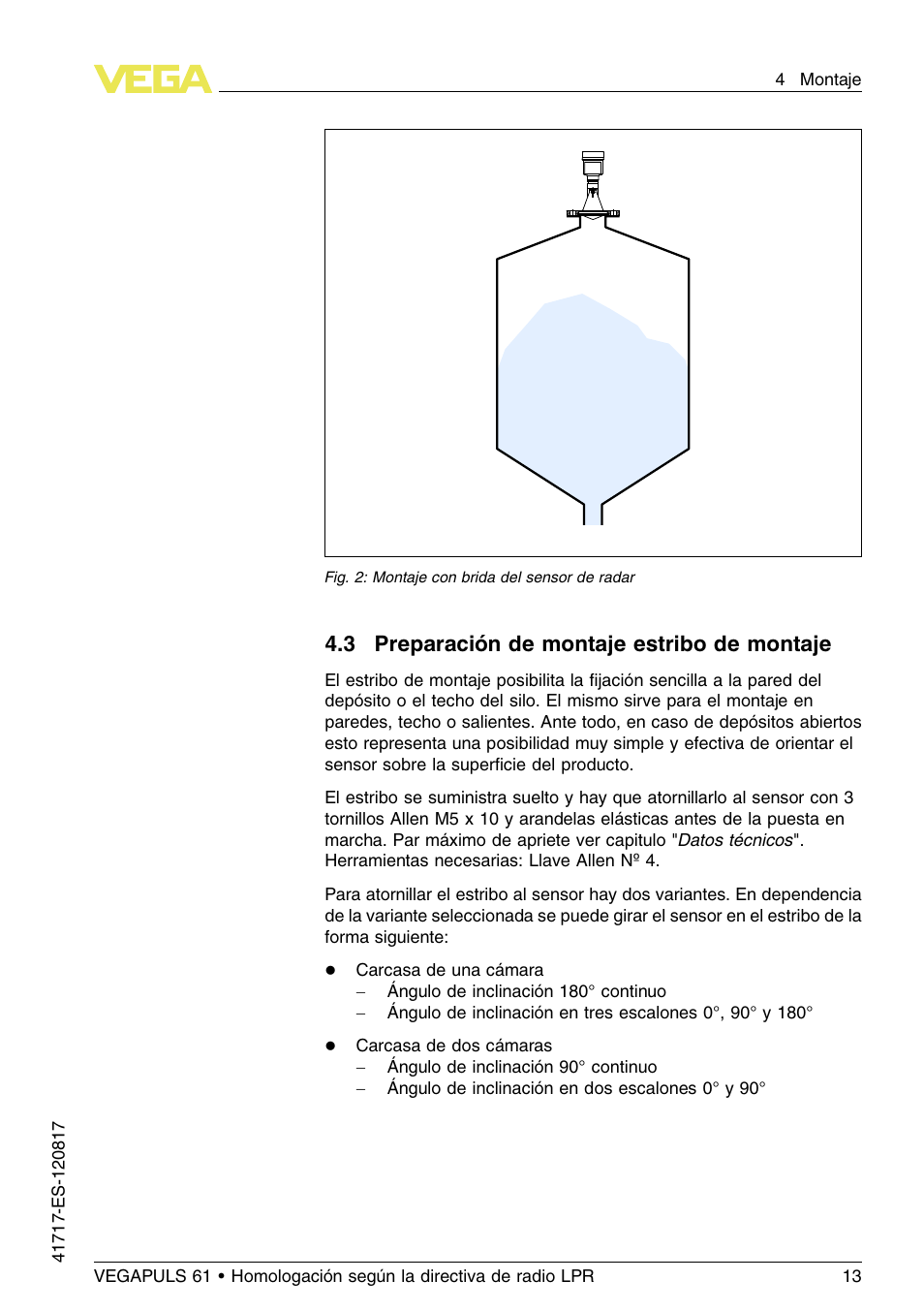 3 preparación de montaje estribo de montaje, 3 p reparación de montaje estribo de montaje | VEGA VEGAPULS 61 (≥ 2.0.0 - ≥ 4.0.0) Modbus and Levelmaster protocol Approval according to LPR radio standard User Manual | Page 13 / 100