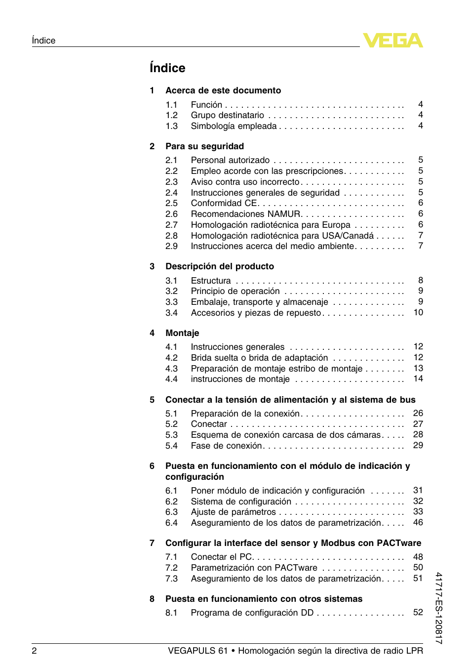 Índice | VEGA VEGAPULS 61 (≥ 2.0.0 - ≥ 4.0.0) Modbus and Levelmaster protocol Approval according to LPR radio standard User Manual | Page 2 / 100