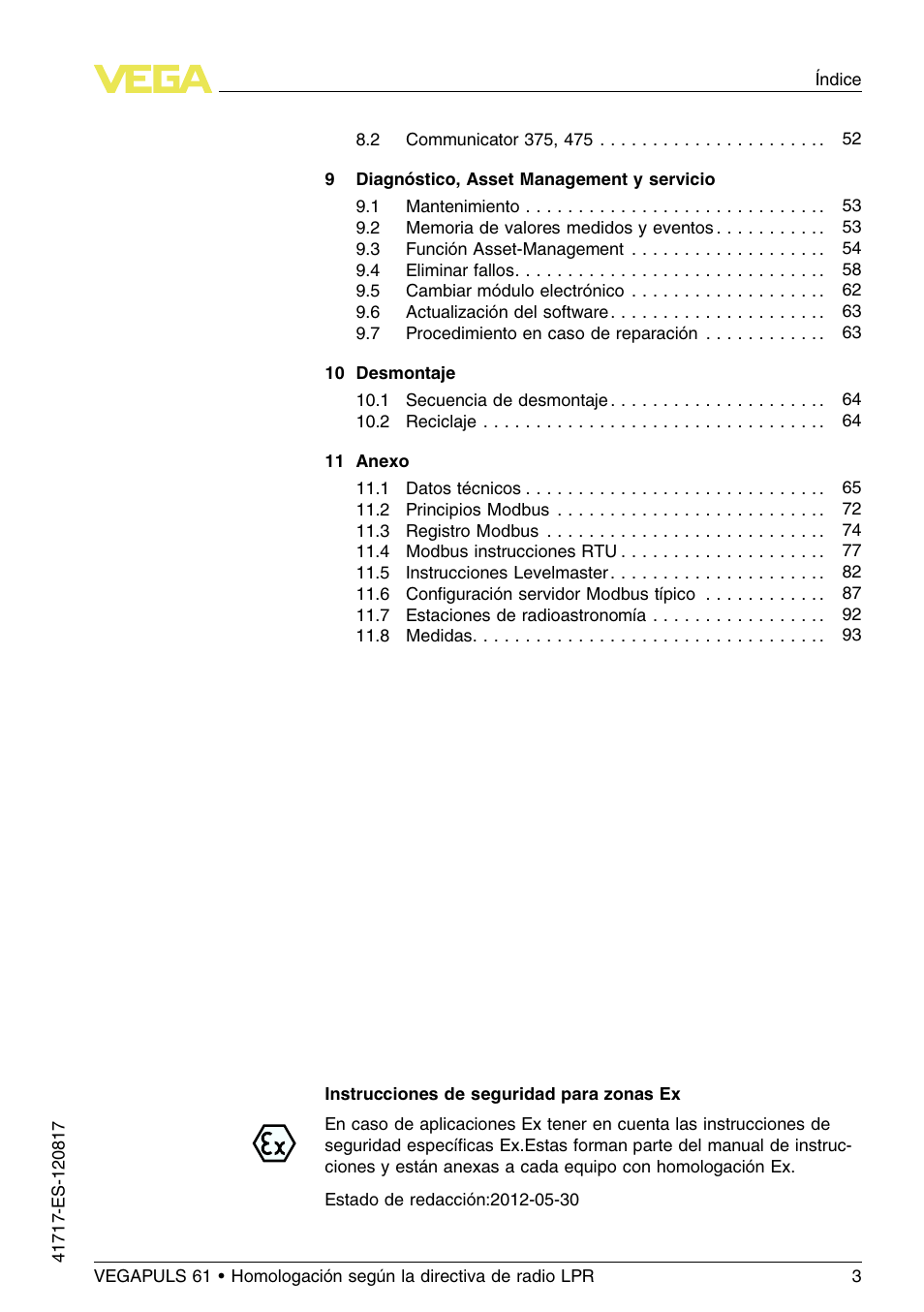 VEGA VEGAPULS 61 (≥ 2.0.0 - ≥ 4.0.0) Modbus and Levelmaster protocol Approval according to LPR radio standard User Manual | Page 3 / 100