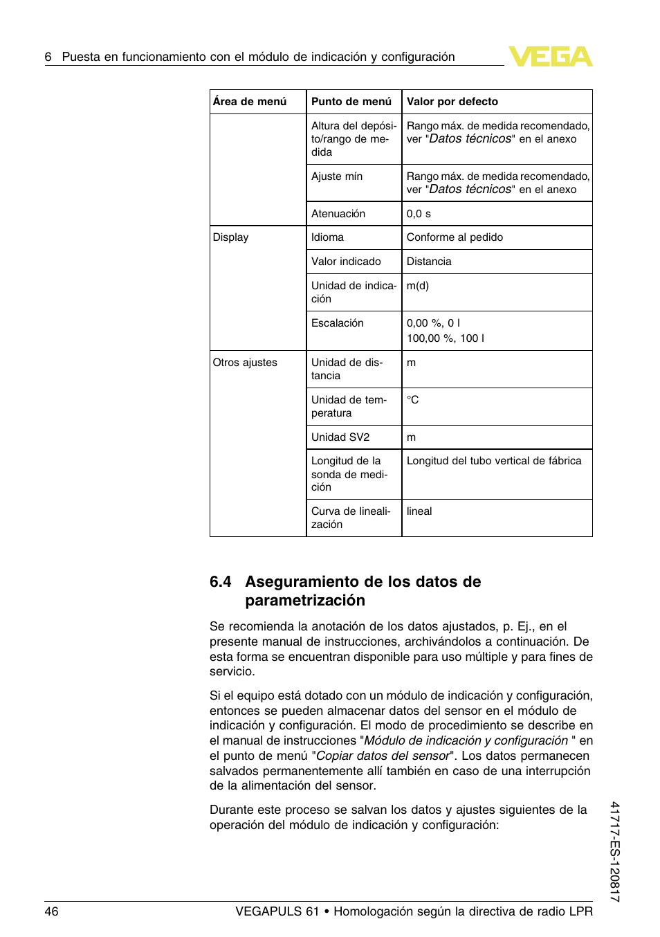 4 aseguramiento de los datos de parametrización, 4 a seguramiento de los datos de parametrización | VEGA VEGAPULS 61 (≥ 2.0.0 - ≥ 4.0.0) Modbus and Levelmaster protocol Approval according to LPR radio standard User Manual | Page 46 / 100