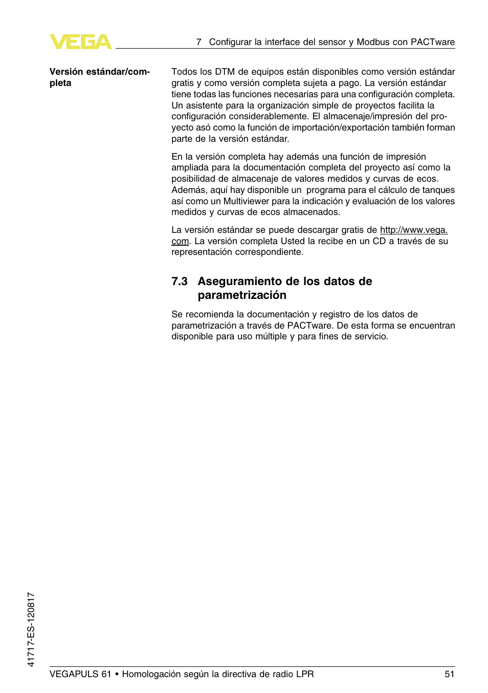 3 aseguramiento de los datos de parametrización | VEGA VEGAPULS 61 (≥ 2.0.0 - ≥ 4.0.0) Modbus and Levelmaster protocol Approval according to LPR radio standard User Manual | Page 51 / 100