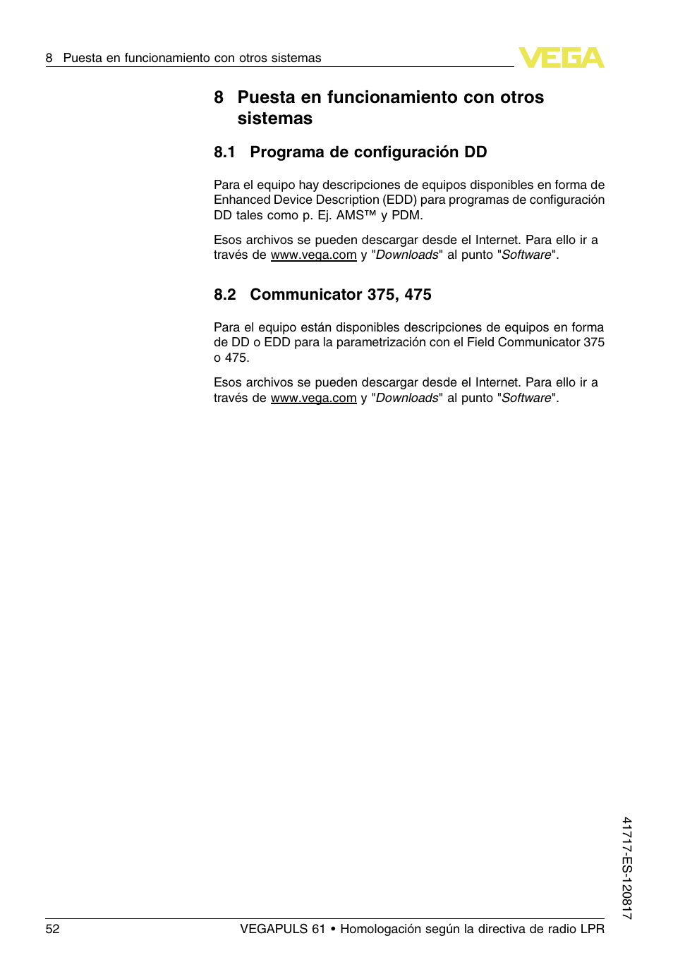8 puesta en funcionamiento con otros sistemas, 1 programa de configuración dd, 2 communicator 375, 475 | 8puesta en funcionamiento con otros sistemas | VEGA VEGAPULS 61 (≥ 2.0.0 - ≥ 4.0.0) Modbus and Levelmaster protocol Approval according to LPR radio standard User Manual | Page 52 / 100