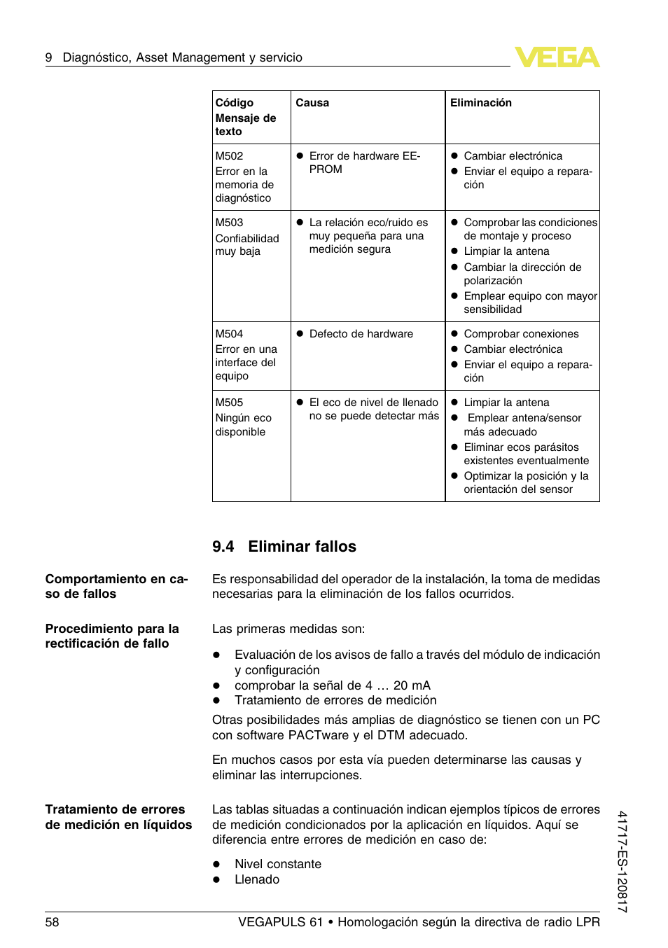 4 eliminar fallos, 4 e liminar fallos | VEGA VEGAPULS 61 (≥ 2.0.0 - ≥ 4.0.0) Modbus and Levelmaster protocol Approval according to LPR radio standard User Manual | Page 58 / 100