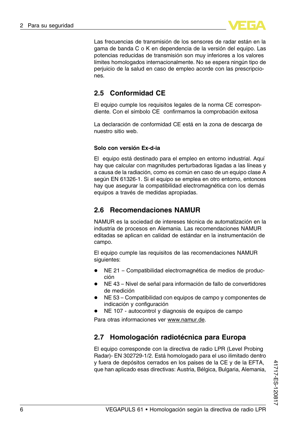 5 conformidad ce, 6 recomendaciones namur, 7 homologación radiotécnica para europa | VEGA VEGAPULS 61 (≥ 2.0.0 - ≥ 4.0.0) Modbus and Levelmaster protocol Approval according to LPR radio standard User Manual | Page 6 / 100
